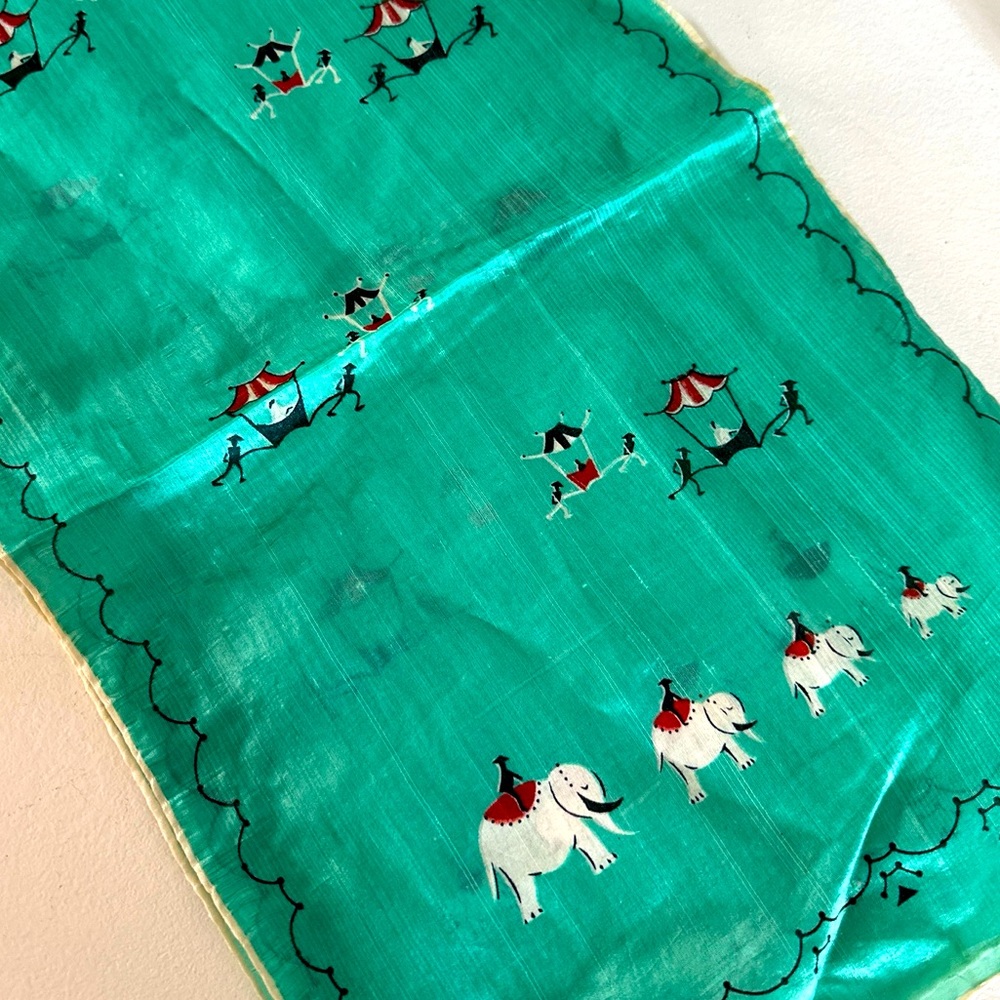 Vintage Hand Printed & Rolled Japanese Shantung Silk Scarf Elephants 11x38